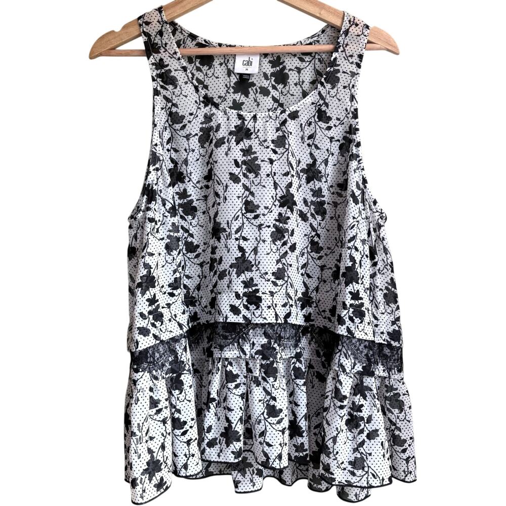 CABI Black Ivory Floral Dot Tank Top Lace Ruffle Semi Sheer Tiered M